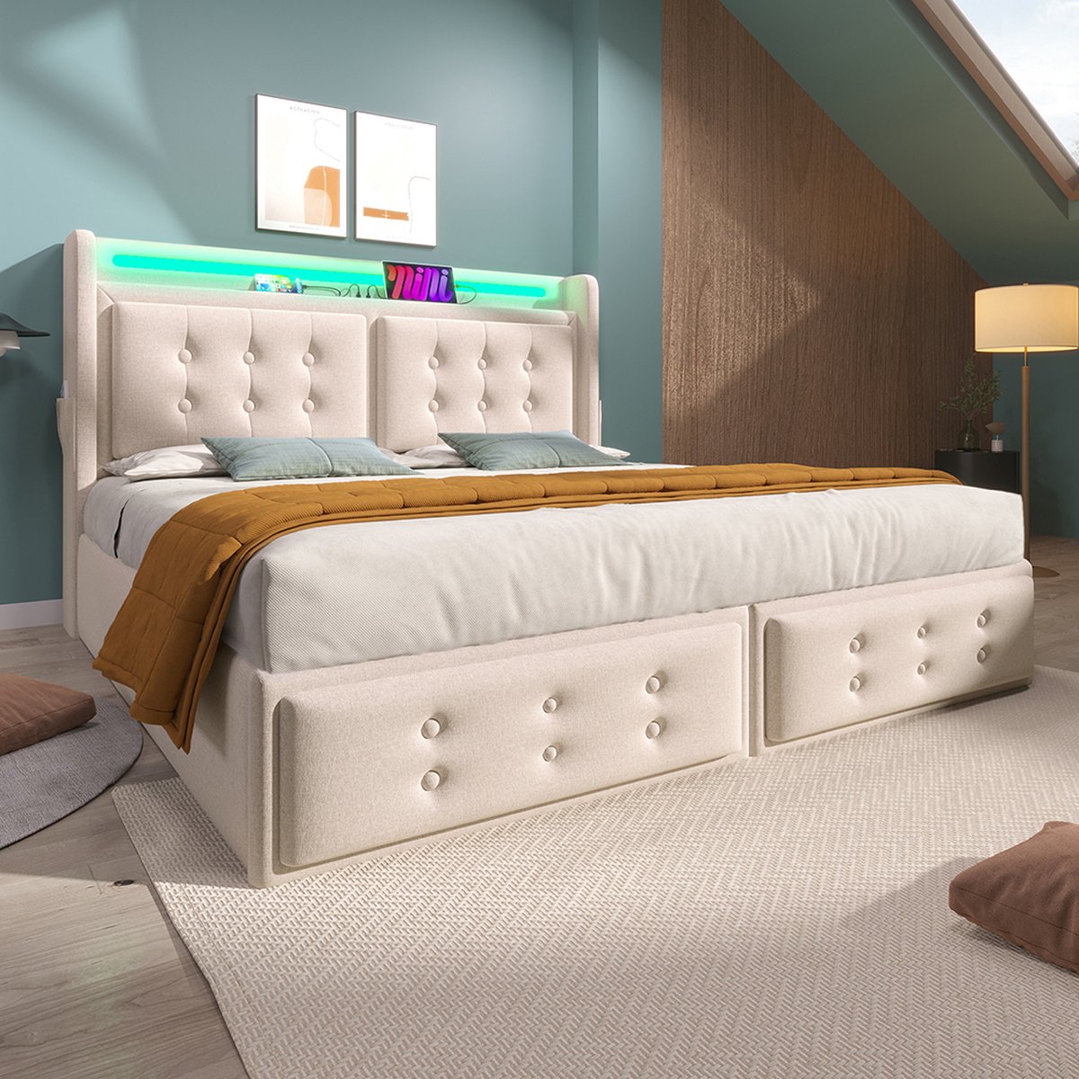 KOMHTOM Tweepersoonsbed Volwassen hydraulisch bed 180x200 cm met Led-hoofdbord en USB C-oplaadfunctie met Lattenbodem Linnen Beige