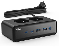 Voomy 20W Stekkerdoos - 2 USB-C & 2 USB-A Poorten - 2 Stopcontacten - Aan / Uit schakelaar - Snellader voor Laptop, Telefoon & Tablet - Oplader, Adapter, Verlengsnoer - Zwart