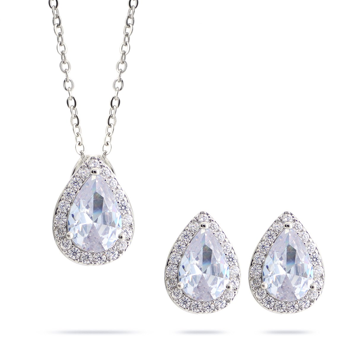Juwelium Druppel Ketting en Oorbellen Set Verstelbaar 40 tot 45 cm met Aqua Blauw Zirkonia Kristallen in Luxe Houten doos met LED Verlichting en Rozenbeer van 25 cm in Cadeauverpakking– Perfect Cadeau voor Vrouw, Vriendin, Moeder, Dochter