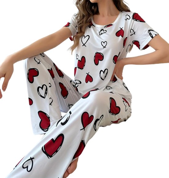 Boncy® Pyjama Set Dames Hart - Pyama Nachtkleding Volwassenen - Pyjamabroek Meisje - Maat M