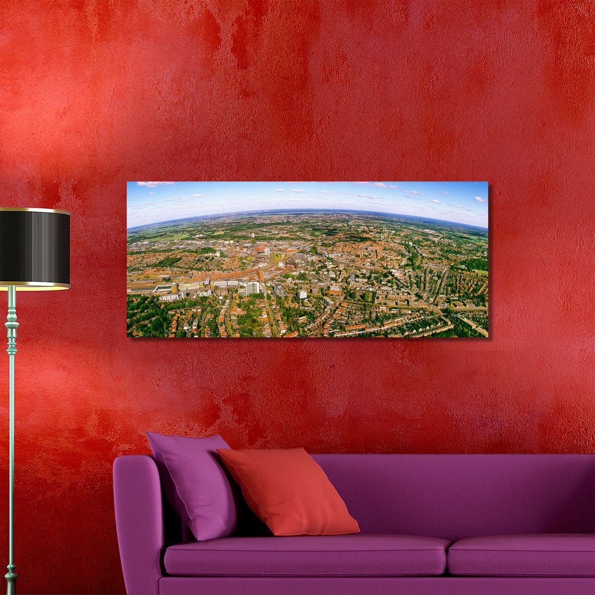 Skyline Amersfoort in Panorama | 120 x 50 cm | Foto op Canvas | Luchtfoto | Wanddecoratie | Skyline | Bijzonder Gedetailleerd