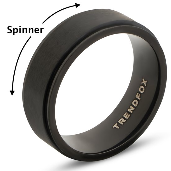 Zwarte stalen spinner ring met tekst TRENDFOX aan de binnenkant.