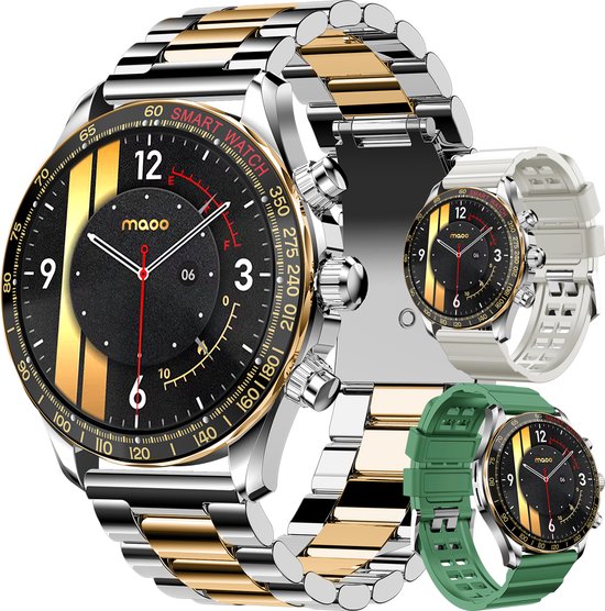 Maoo Titan AMOLED Smartwatch Heren - Special Edition - Stainless Steel en 2 TPU bandjes - Stappenteller - Hartslagmeter - Slaapmonitor - Multisport - Geschikt voor Android en iOS - Zilver en Goud