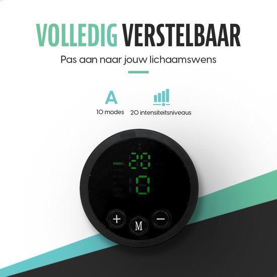 Zwart rond apparaat met groen LED-display dat '20' toont, met '+' en '-' knoppen en een 'M'-knop.
