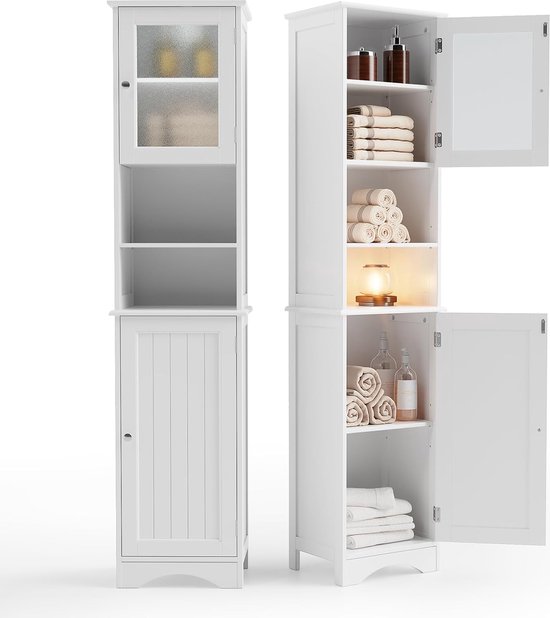 Foto: Costway badkamerkast hoog kast smal opbergkast met 2 deuren 1 lade en verstelbare planken ruimtebesparend badkamerrek voor badkamer woonkamer keuken 20 x 20 x 180 cm