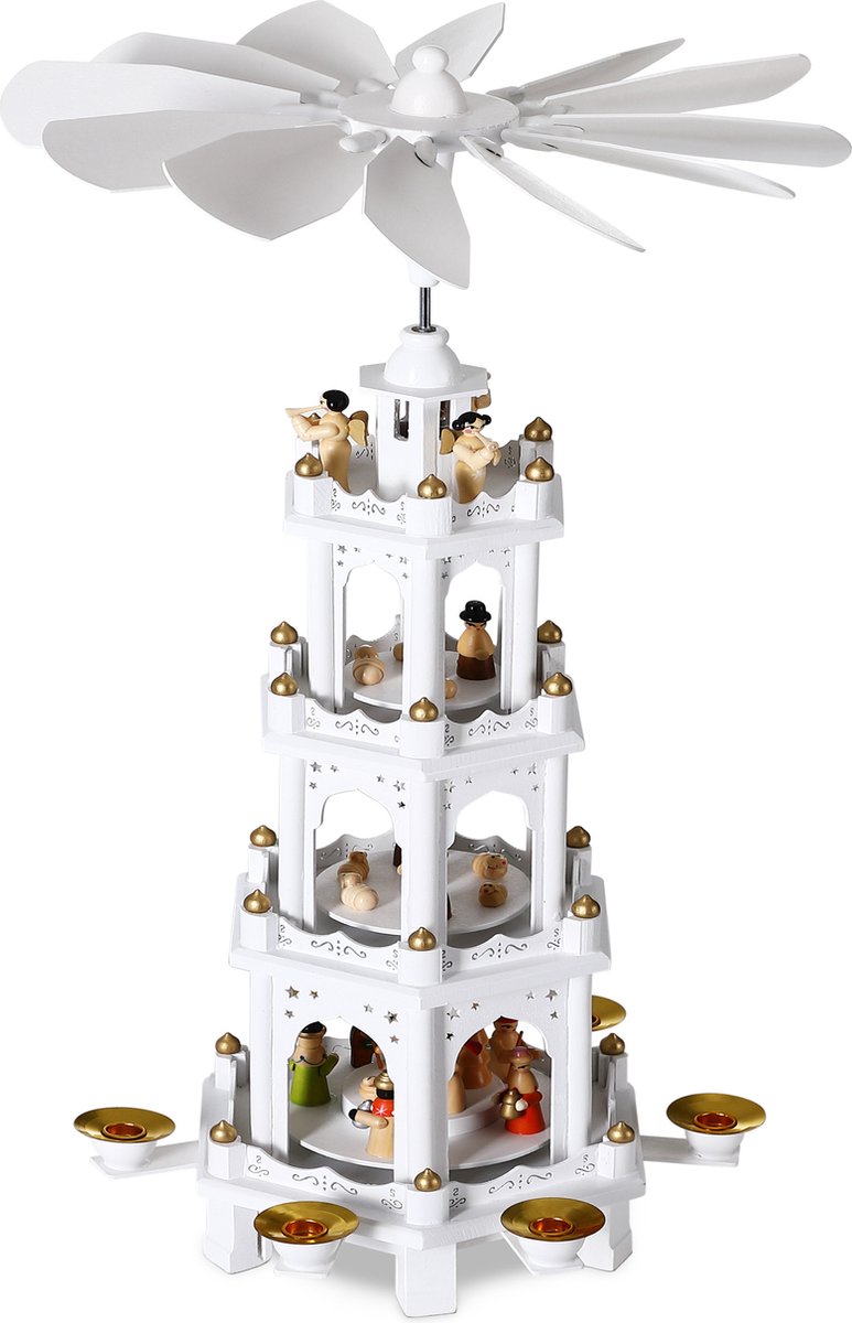 Handgeschilderde witte Kerstpiramide XL van Spielwerk, 60x17x20cm groot.