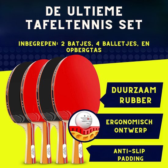 Nibiru Sport Tafeltennis Set met 4 Houten Tafeltennisbatjes en 8 Pingpongballen Inclusief Draagtas - Ping Pong Set voor Binnen en Buiten - Draagbare PingPongset - Tafeltennisbatjes Hout