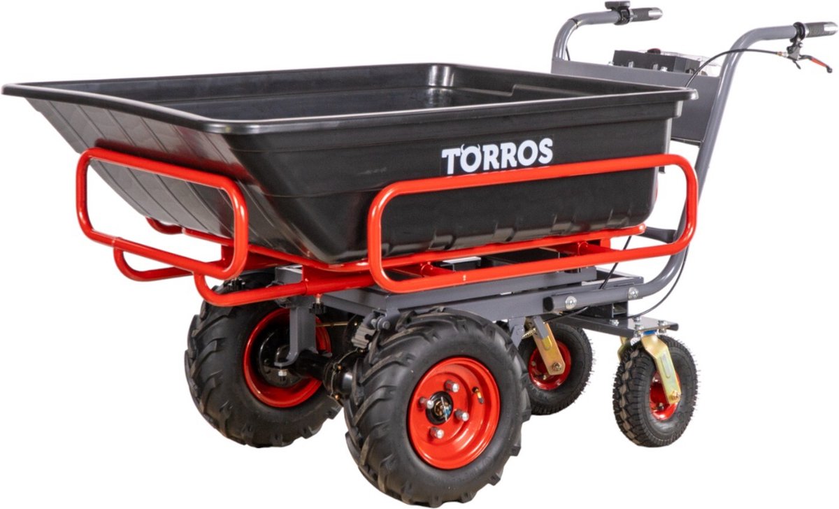 Elektrische platformwagen 4 wielen met uitschuifbaar afneembaar frame incl. PP bak 300l 300kg - batterij 40V / 6Ah Torros EP300P