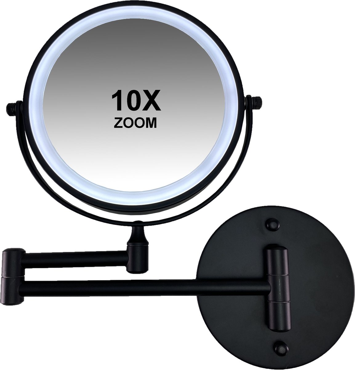 Goedkoopste Oplaadbare Metalen verlichte wand knik arm badkamer LED Spiegel dimbaar zwart, Dubbelzijdig verlicht, 10x vergroting 18cm doorsnee, stroomkabel (USB) - make-upspiegel - beauty - badkamer accessoires