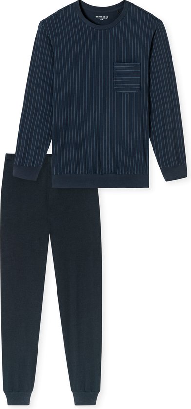 Ensemble de pyjama complet bleu marine : haut rayé avec poche poitrine et pantalon uni.