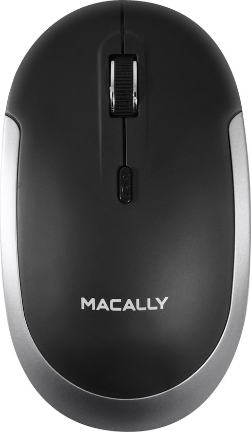 Macally draadloze muis in zwart met zilveren accenten en scrollwiel.