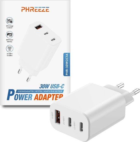 USB C Adapter - 30W Snellader - 2x USB-C + 1x USB-A - Oplaadstekker