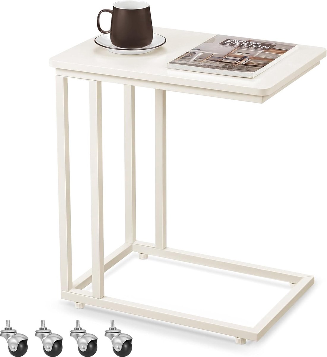 FurnStar - Bijzettafel - Banktafel met Wieltjes - C-Vorm - Mobiele Koffietafel - 35 x 50 x 60 cm - Woonkamertafel met Metalen Frame - Voor Koffie en Laptop - Industrieel Design - Crème-Wit
