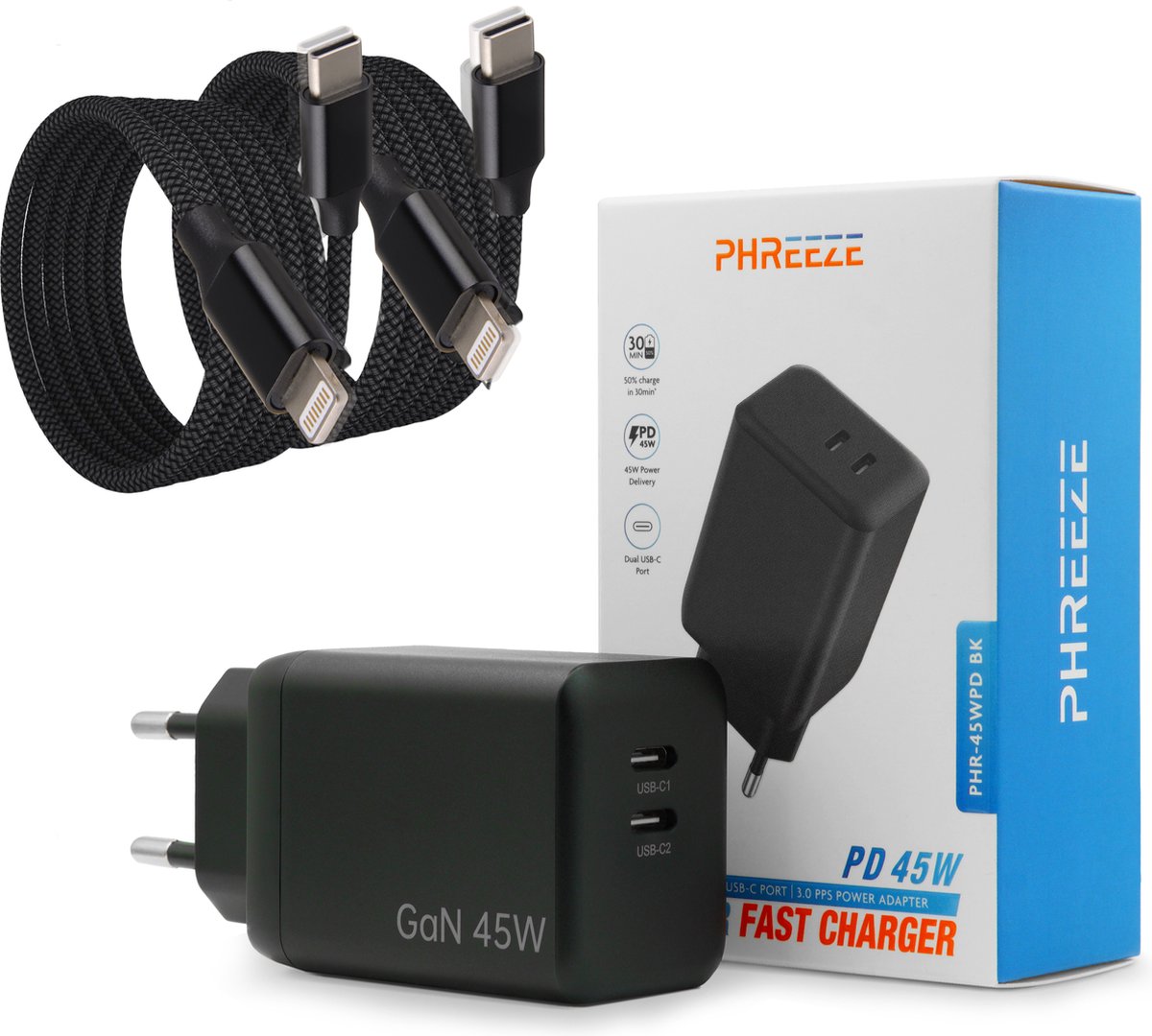 45W USB C Snellader - 2 Meter - 2 Poorten Oplader met USB-C Kabels - Geschikt voor iPad, iPhone en AirPods met Lightning