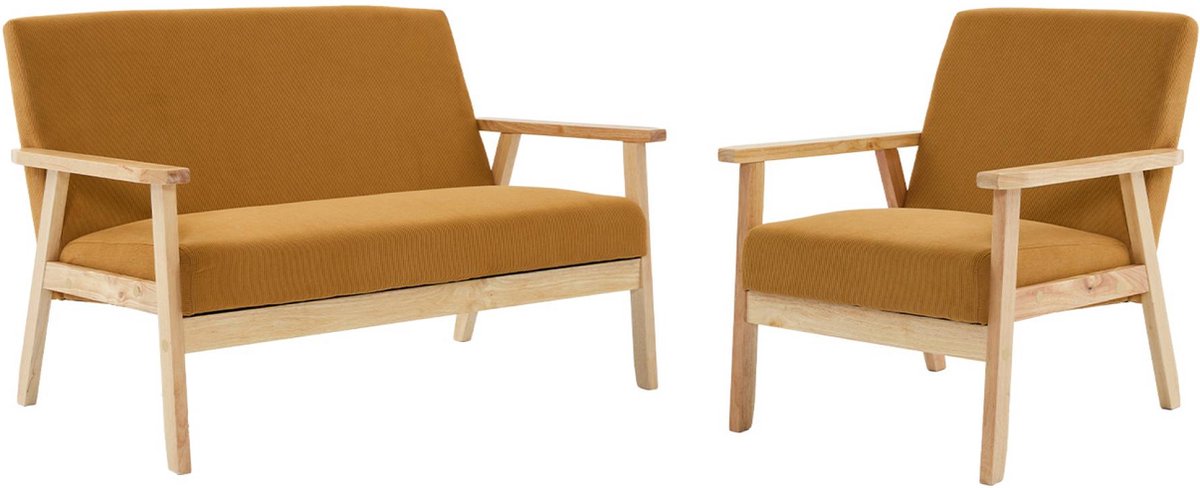 sweeek - Tweezits bankje en fauteuil van hout met corduroy zitting - isak