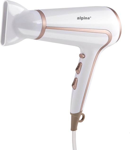 alpina Föhn 1600-2000W - Haardroger met 3 Warmte Instellingen - Haar Droger met Cool Shot - Hair Dyrer incl. Extra Blaasmond en Ophanglus - Wit/Rosé