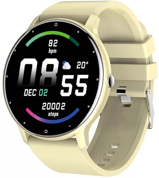 Lichtgele smartwatch met rond scherm, toont tijd, datum, hartslag en stappen.