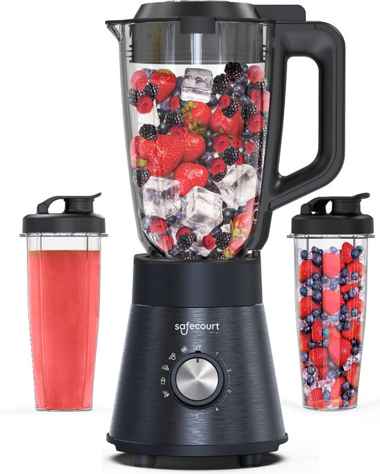Safecourt Kitchen Power Blender - 1,5L Glas & 2x 600ml To-Go beker - 1300W Smoothie maker - Krachtig, stil en eenvoudige reiniging - RVS