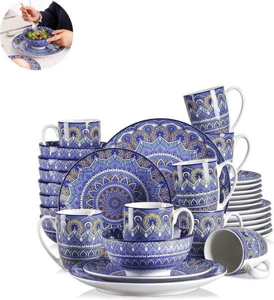 Complete blauwe servies set met mandelapatronen, in een kartonnen doos.
