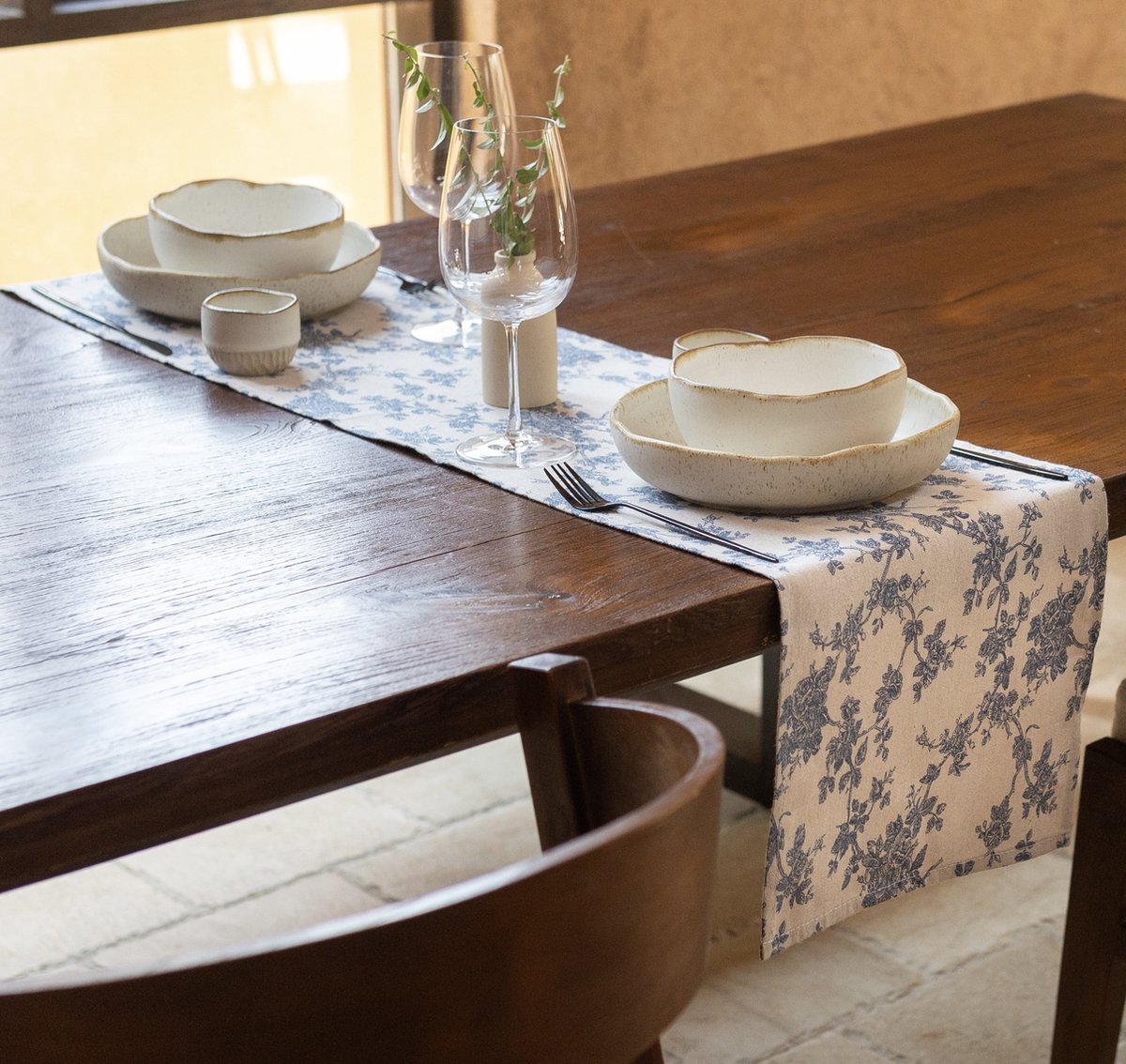 Tafelloper – 150 x 30 cm Bloemen Beige Blauw Tafel Loper Textiel – Table Runner