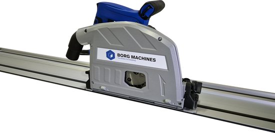 Close-up van een zilverkleurige cirkelzaag met een blauw handvat en het logo 'BORG MACHINES'.