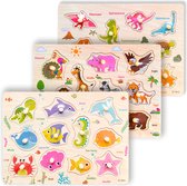 3 Legpuzzels: Dinosaurussen + Landdieren + Zeedieren - Houten puzzels voor kinderen 1 jaar / 2 jaar / 3 jaar - Educatief speelgoed - Cadeau jongen / meisje - Baby / Dreumes / Peuter - Traktatie - Uitdeelcadeaus