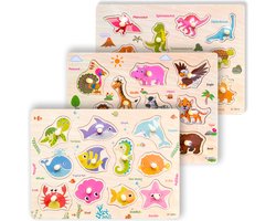 3 Legpuzzels: Dinosaurussen + Landdieren + Zeedieren - Houten puzzels voor kinderen 1 jaar / 2 jaar / 3 jaar - Educatief speelgoed - Cadeau jongen / meisje - Baby / Dreumes / Peuter - Traktatie - Uitdeelcadeaus