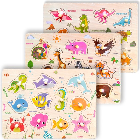 3 Legpuzzels: Dinosaurussen + Landdieren + Zeedieren - Houten puzzels voor kinderen 1 jaar / 2 jaar / 3 jaar - Educatief speelgoed - Cadeau jongen / meisje - Baby / Dreumes / Peuter - Traktatie - Uitdeelcadeaus