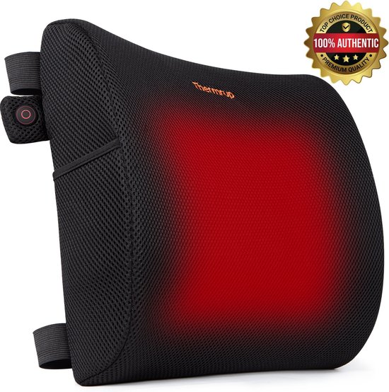 Zwart ergonomisch rugkussen met rode warmte en 'Top Choice Product' keurmerk.