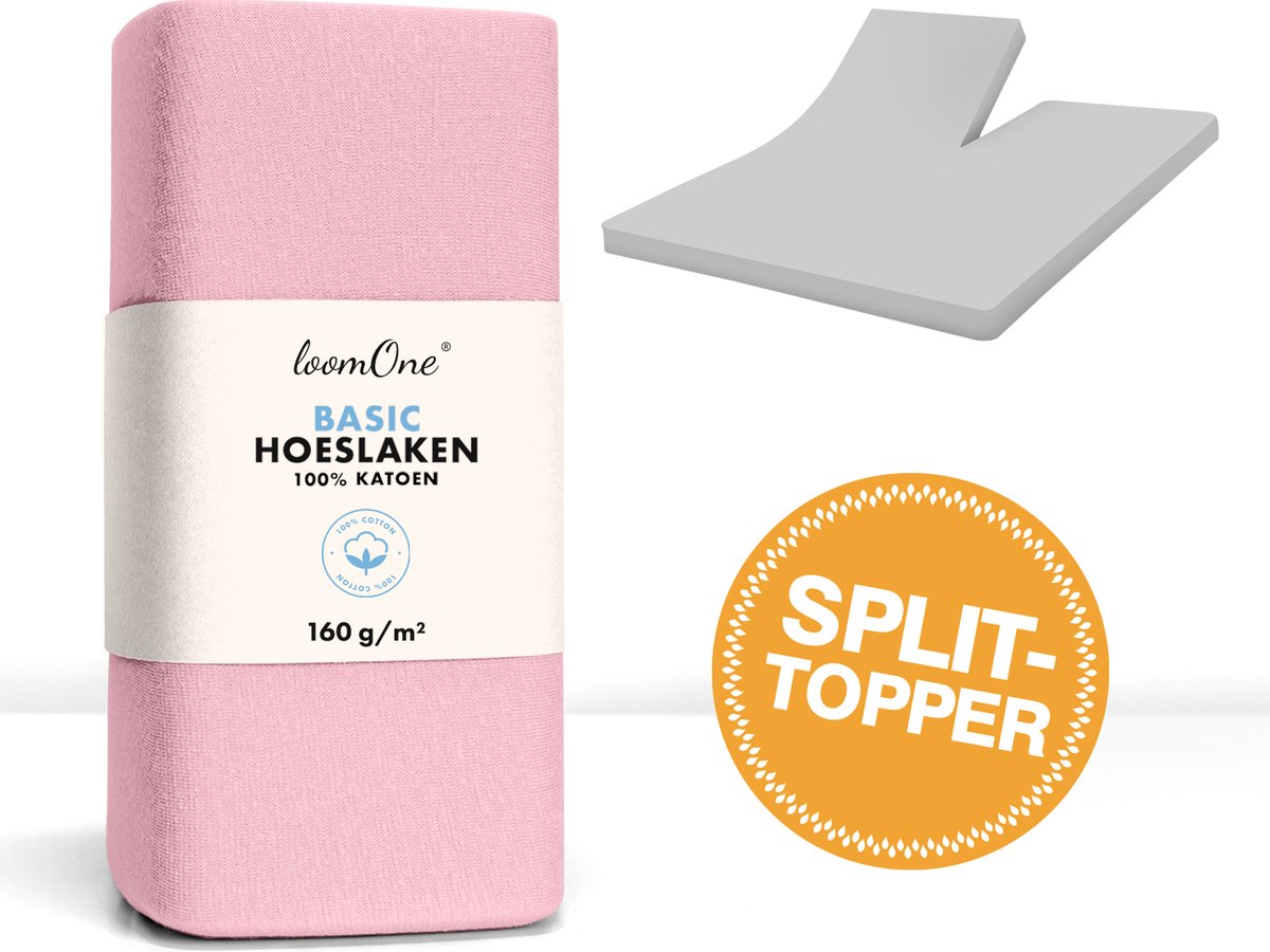 Loom One Hoeslaken Splittopper – 100% Jersey Katoen – 200x200 cm – tot 10cm matrasdikte– 160 g/m² – Roze