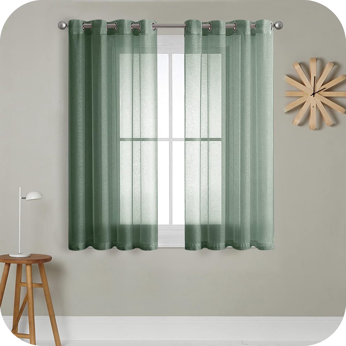 PolkaHome , voile stof, halfdoorzichtig, kort, met ingestanste ringen, linnenlook, voor woonkamer, slaapkamer, kinderkamer, legergroen, 145 x 140 cm (h x b), 2-delige set