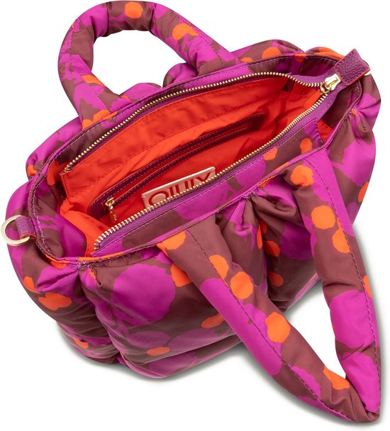 Paarse en oranje cirkels op bruine puffy handtas, met dubbele handvatten en open rits. Oranje voering.