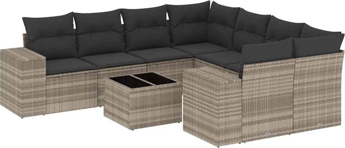 vidaXL 9-delige - Loungeset - met - kussens - poly - rattan - lichtgrijs