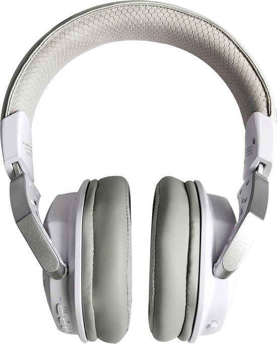 Witte gaming headset met zilverkleurige accenten, gedetailleerde hoofdband en oorkussens.