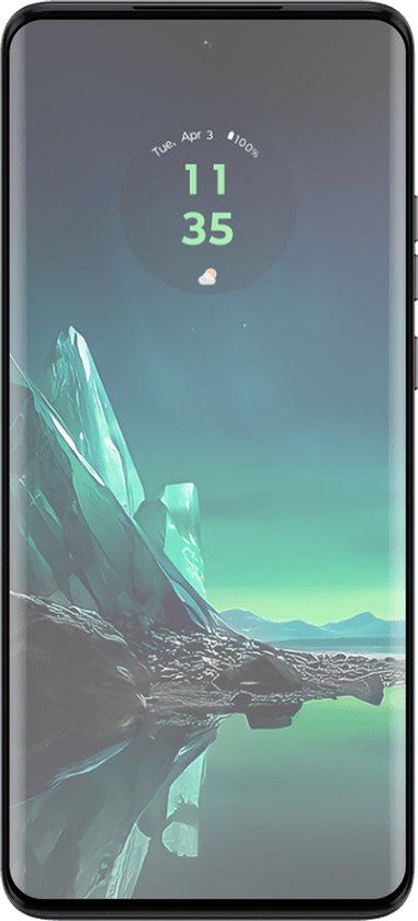 Motorola Edge 40 Neo met een scherm met blauwgroen landschap wallpaper.