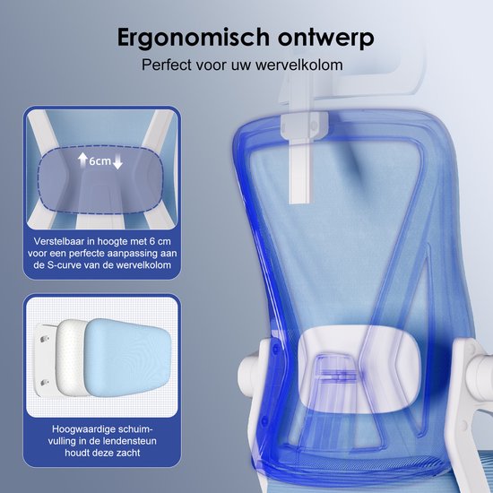 Ergonomisch ontwerp van de blauwe bureaustoel met verstelbare 6cm lendensteun en schuimvulling.