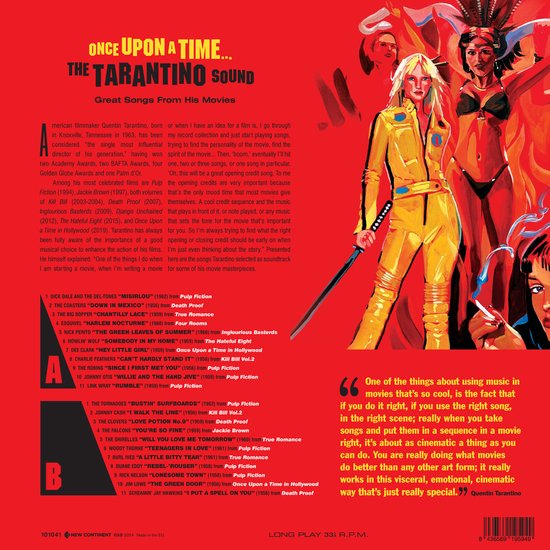 Boek met de titel 'Once Upon a Time... The Tarantino Sound', met tekst en een afbeelding van The Bride.