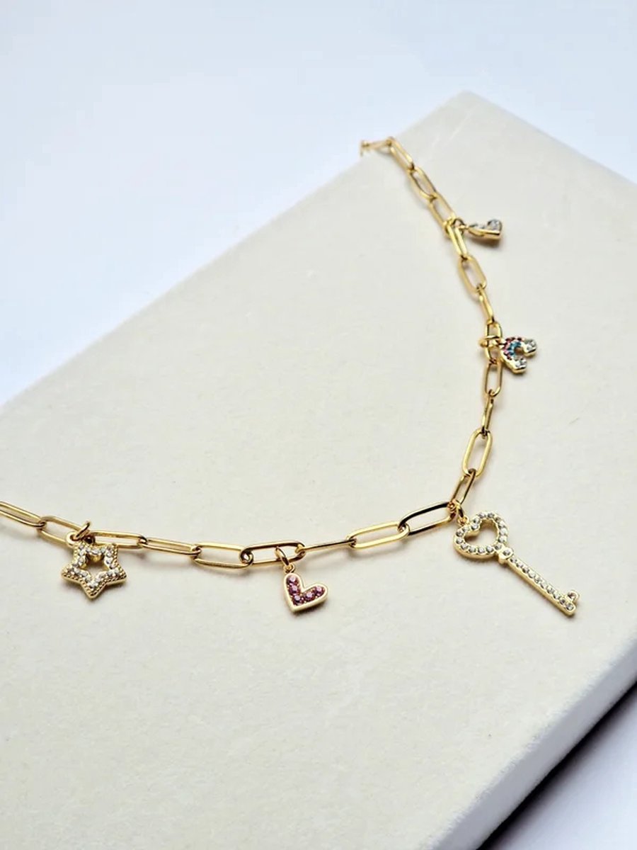 Schakelketting met bedels - Paperclip - Stainless Steel - ketting met hanger - Sleutel - hartje - regenboog - ster