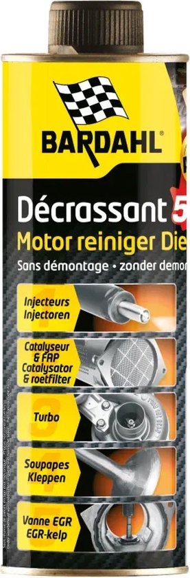 Bardahl Décrassant 5 Motor reiniger Diesel zonder demontage. Bevat afbeeldingen van injectoren, katalysator & roetfilter, turbo, kleppen en EGR-klep.