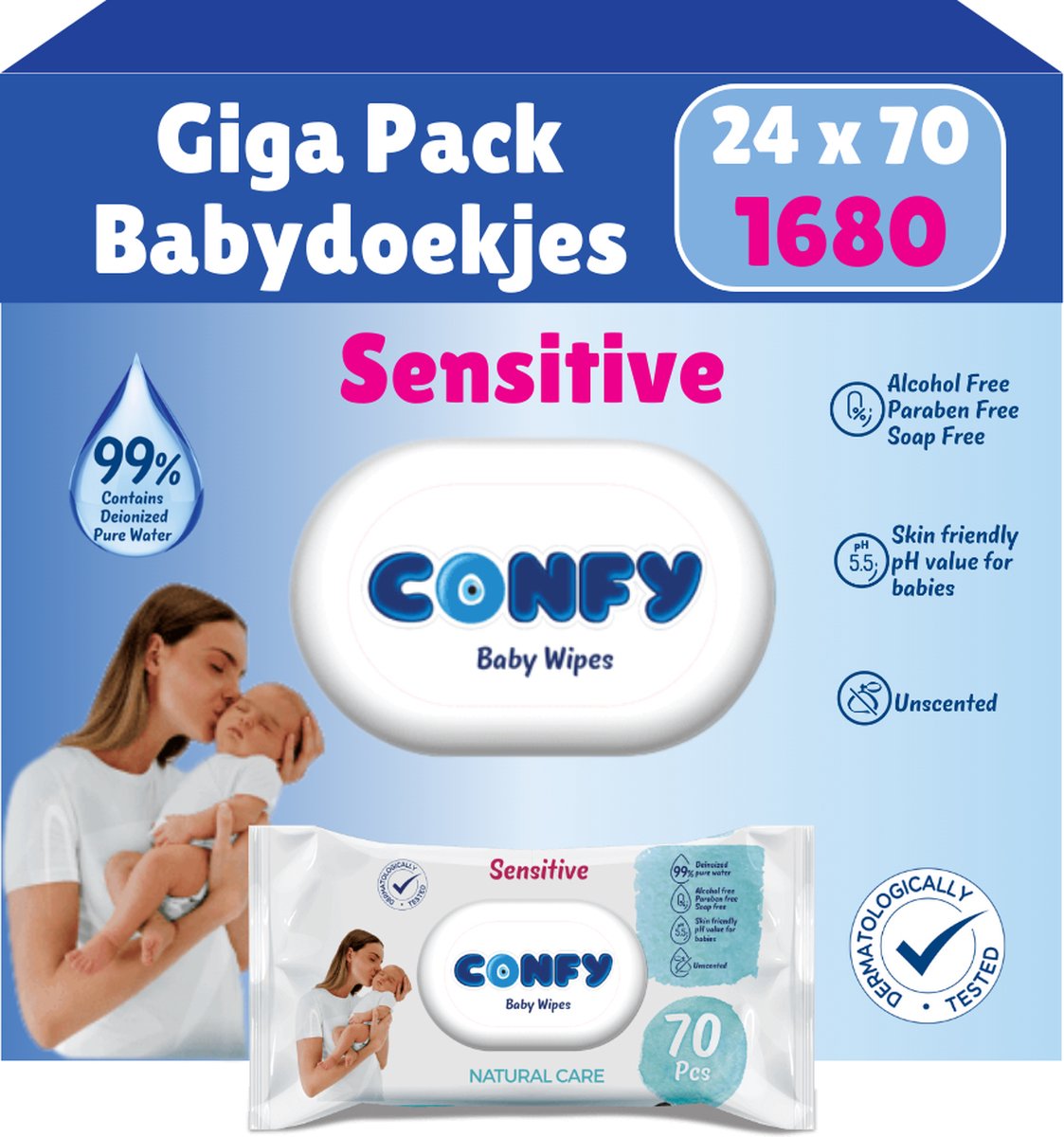 Goedkoopste Confy Sensitive Billendoekjes - 24 x 70 Stuks - 1680 Doekjes