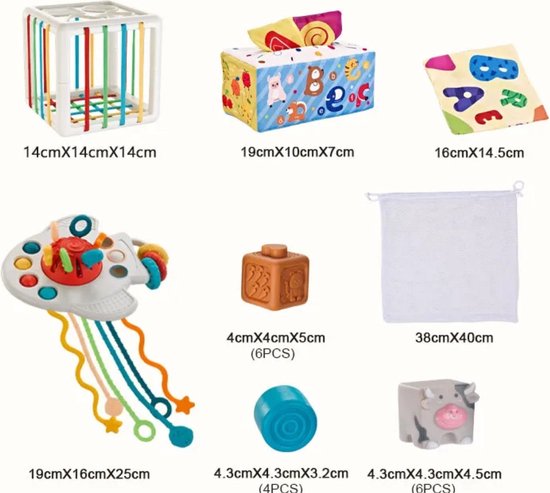 Educatief Baby Speelgoed 6 Maanden - speelgoed 1 jaar - XXL box - 6-in-1 box - Montessori Educatief Speelgoed - 33 psc - Zachte Blokken - Vormen Sorteer Kubus - Trekkoord Speeltje - Educatieve Doekjes - Tissue box - inclusief Opbergtas van Merkloos — afbeelding 3