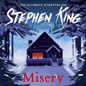 Stephen King's "Misery" boekomslag met een besneeuwd huisje in een bos, met de titel "Misery" in rode letters.