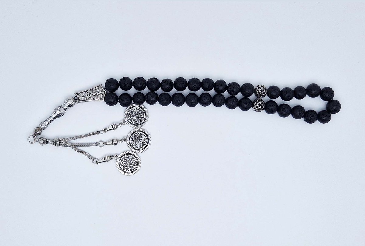 Handgemaakte tesbih "tasbih" natuursteen " Lava Donker " - Aantal kralen 33 - Diameter kralen 10 MM - met metaal tassel "model 5" - Een mooi cadeau-idee