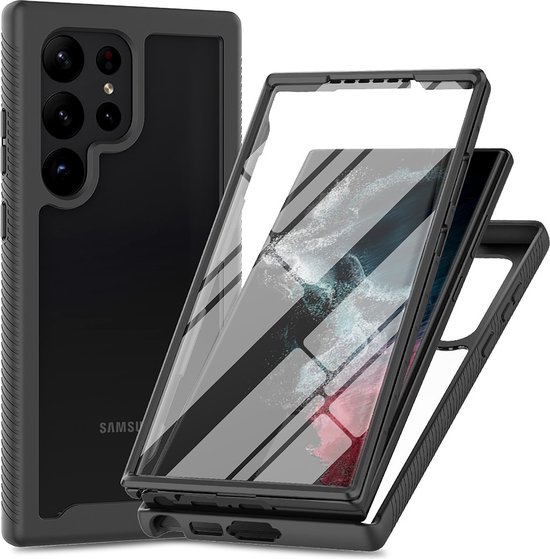 Cazy Hoesje geschikt voor Samsung Galaxy S24 Ultra Hoesje - 360° Full Protection Case met ingebouwde Screenprotector - Zwart