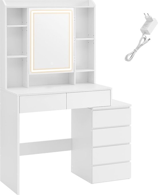 Kaptafel Met Led-Verlichtingsspiegel, Make-Uptafel Met 6 Lades, Zijkast