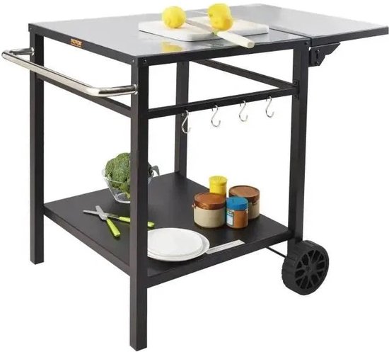 Outdoor Grill Dining Cart with Double-Shelf, BBQ Movable Food Prep Table, Multifunctional Iron Table Top, Portable Modular Carts for Pizza Oven, Worktable with 2 Wheels, Carry Handle, Black