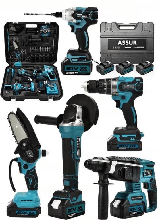 Assur Elektrisch Gereedschap 5 Set 21V – Accu Boormachine – Accu Schroefmachine – Boorhamer – Snoeizaag – Klopboormachine – Accu Haakse Slijper – Slijpmachine – Met opbergkist – Met Accessoires Set