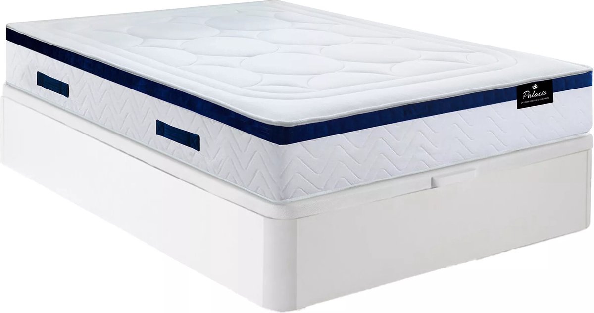 Vente-unique Bedset 140 x 190 cm - Witte bedbodem met opbergruimte + hybride matras met pocketveren - MARQUIS van PALACIO