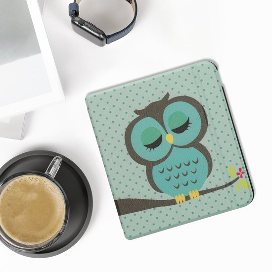 kwmobile e-reader hoesje geschikt voor Kobo Libra Colour hoes - E reader flip case met magnetische sluiting - Ereader cover - Slapende Uil design in turquoise / bruin / mintgroen van Merkloos — afbeelding 5