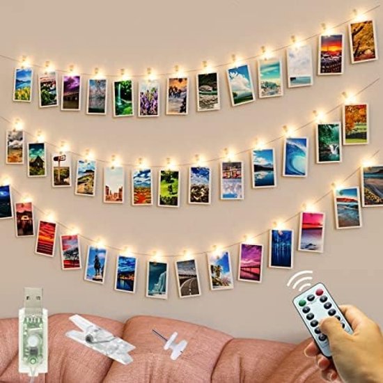 Lichtsnoer voor foto's, 5 m, 50 leds, USB-fotoclips met klemmen, voor
